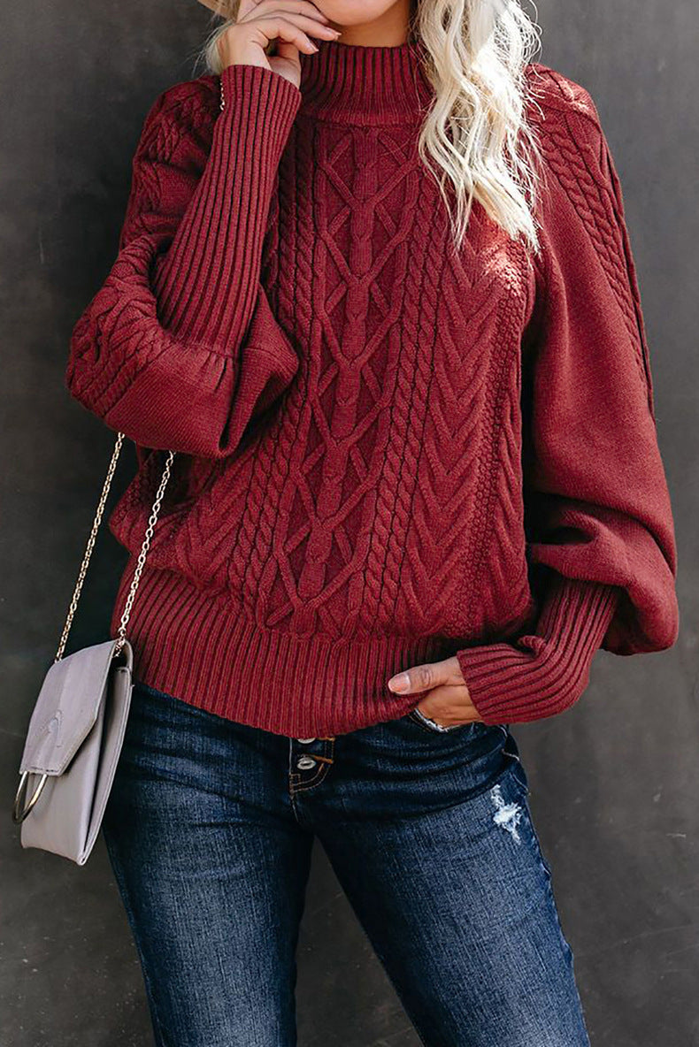 Damen Grobstrick-Pullover mit Zopfmuster, Stehkragen und Ballonärmeln Drune