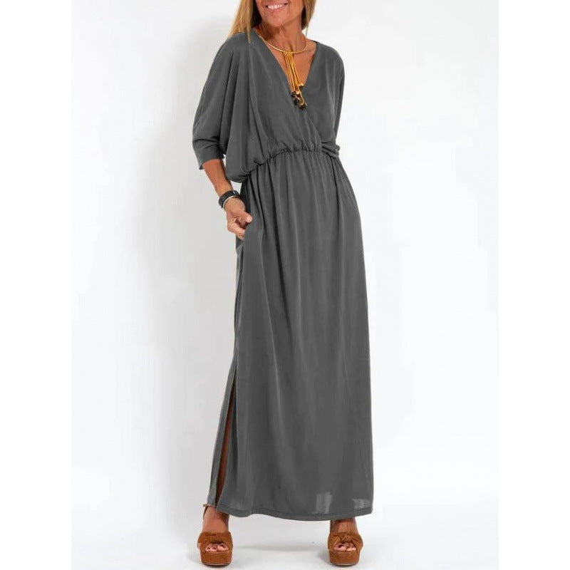 Damen lässiges Maxikleid mit V-Ausschnitt und seitlichen Schlitzen Drune