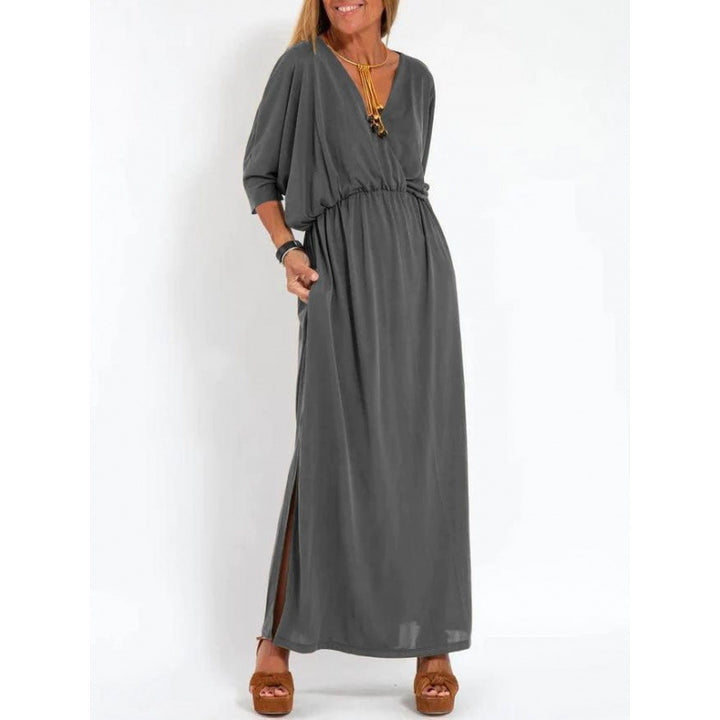 Damen lässiges Maxikleid mit V-Ausschnitt und seitlichen Schlitzen Drune
