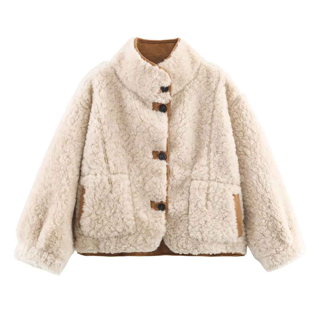 Damen nan kurze Oversize Lammfelloptik Jacke mit Schalkragen und großen aufgesetzten Taschen Drune