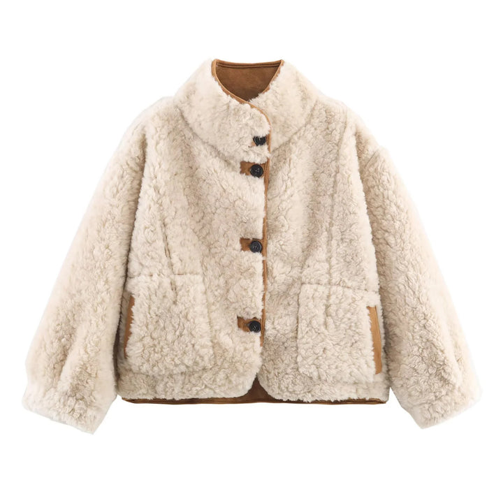 Damen nan kurze Oversize Lammfelloptik Jacke mit Schalkragen und großen aufgesetzten Taschen Drune