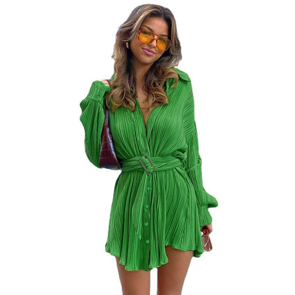 Damen nan plissiertes Hemdkleid mit Taillengürtel und verdeckter Knopfleiste Drune