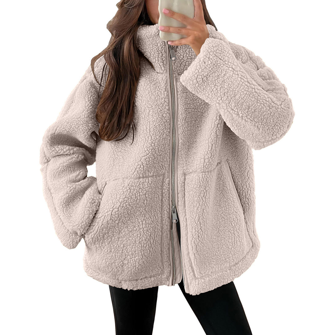 Damen nan oversized Teddyfleece Jacke mit Stehkragen und durchgehendem Reißverschluss Drune