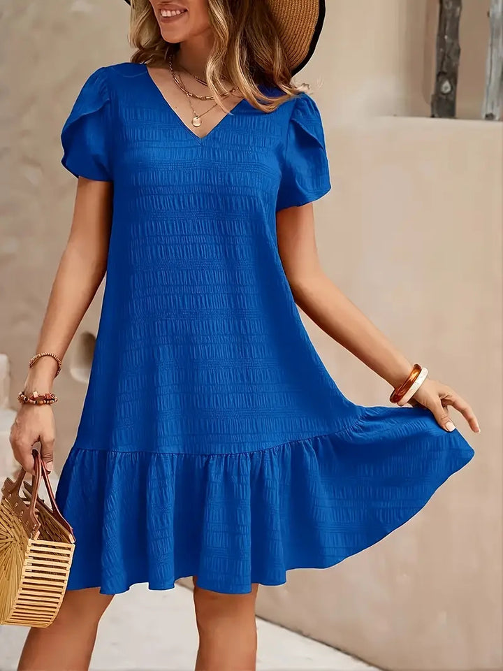 Damen V-Ausschnitt Kleid mit voluminösen Puffärmeln und Rüschensaum Drune