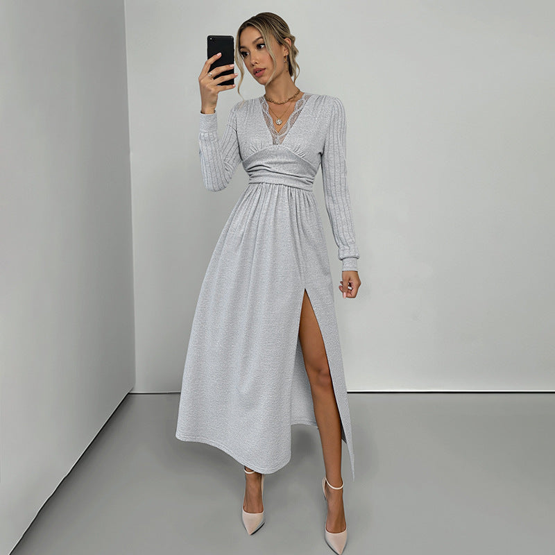 Damen Elegantes Wickel‑Maxikleid mit Spitzenbesatz, tailliertem Knotenbund und hohem Beinschlitz Drune