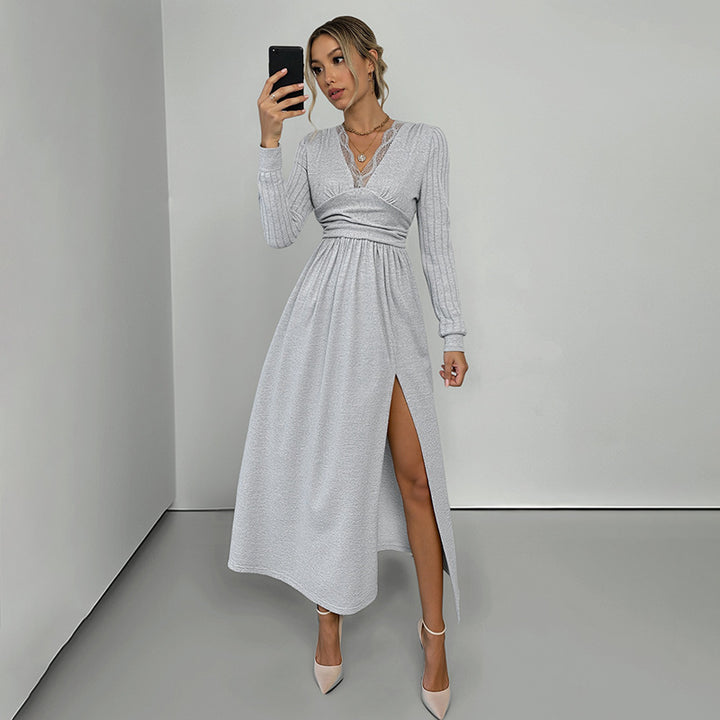Damen Elegantes Wickel‑Maxikleid mit Spitzenbesatz, tailliertem Knotenbund und hohem Beinschlitz Drune