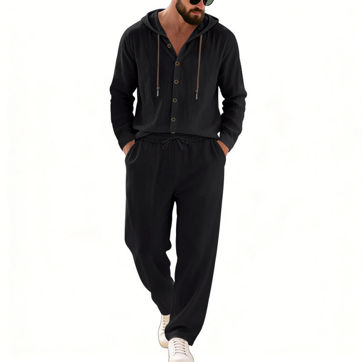 Herren nan legeres Kapuzen-Lounge-Set mit Knopfleiste, Kordelbundhose und seitlichen Eingrifftaschen Drune