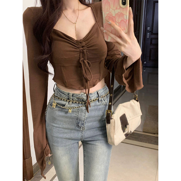 Damen Cropped-Top mit raffiniertem Knoten und weitem Arm Drune