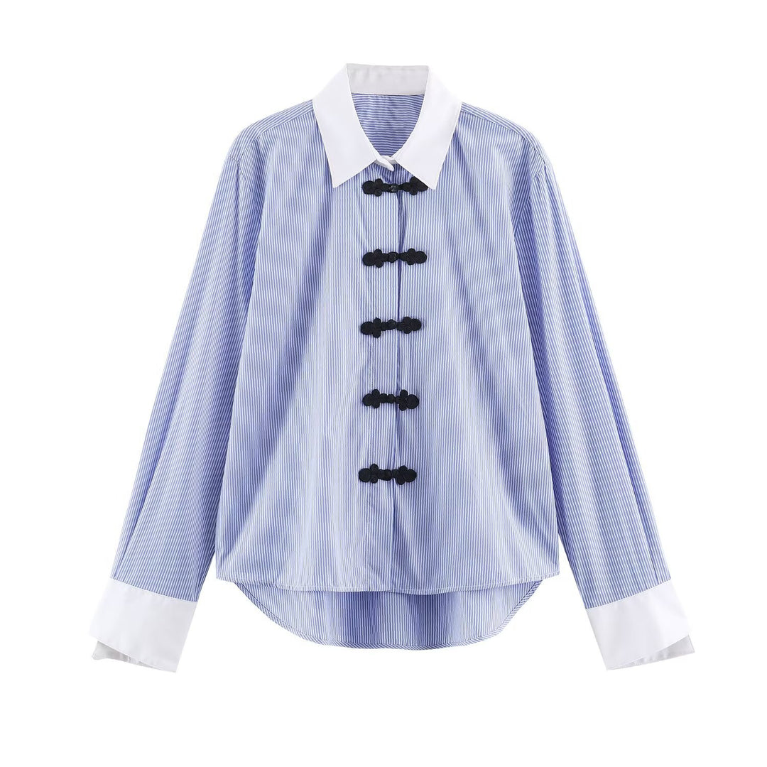 Damen Oversize-Hemdbluse mit Froschknopf-Verschlüssen und Kontrastkragen Drune