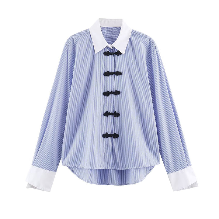 Damen Oversize-Hemdbluse mit Froschknopf-Verschlüssen und Kontrastkragen Drune