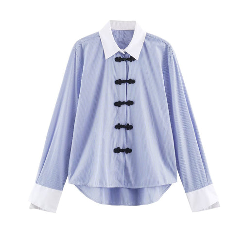 Damen Oversize-Hemdbluse mit Froschknopf-Verschlüssen und Kontrastkragen Drune