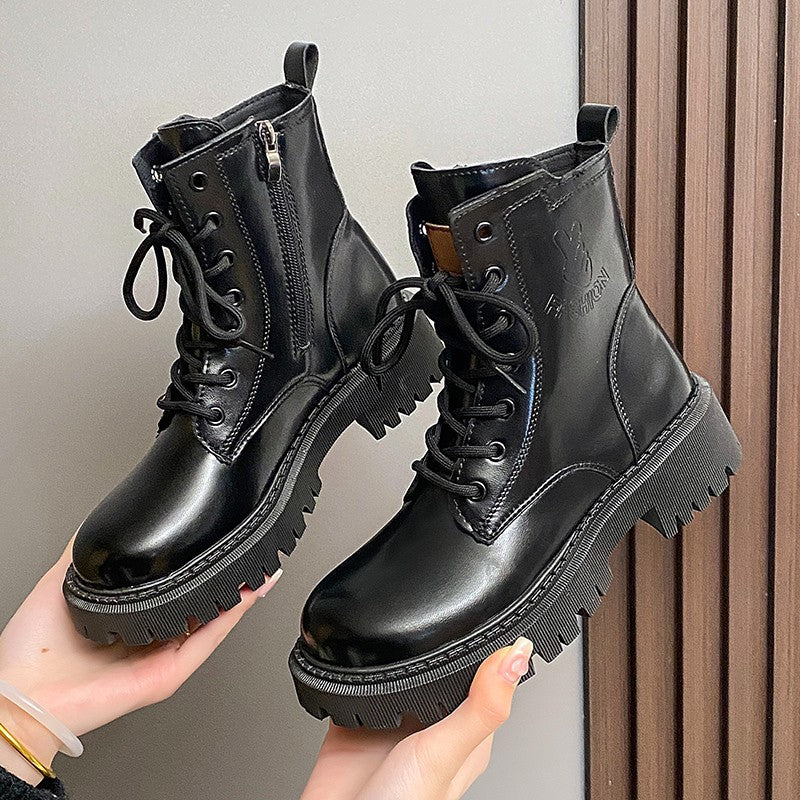 Damen nan knöchelhohe Combat-Boots in Lackoptik mit robuster Profilsohle und seitlichem Reißverschluss Drune