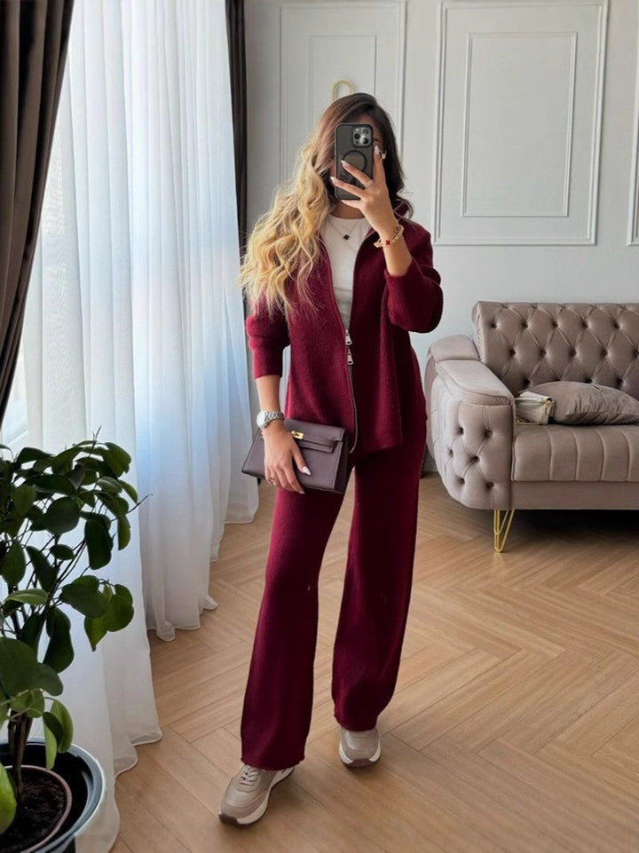 Damen Elegante Strickjacke mit Reißverschluss und passender Hose Drune