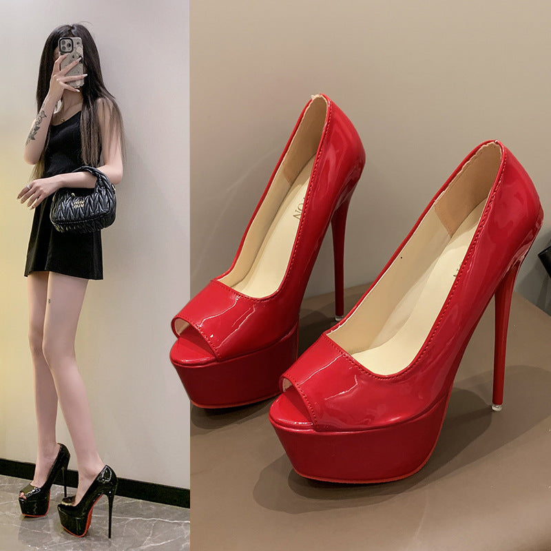 Damen Offene Zehen Plateau‑Stiletto mit hohem Absatz und Lackfinish Drune