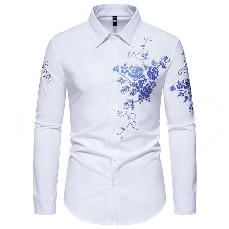 Herren Slim-Fit Langarmhemd mit floralem Print und tailliertem Schnitt Drune