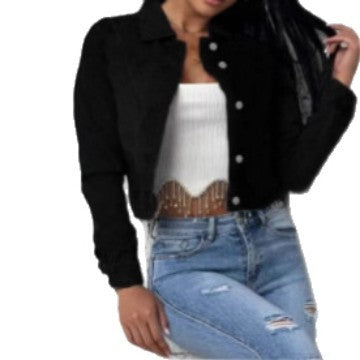 Damen Kurz geschnittene taillierte Jeansjacke mit durchgehender Knopfleiste und Hemdkragen Drune