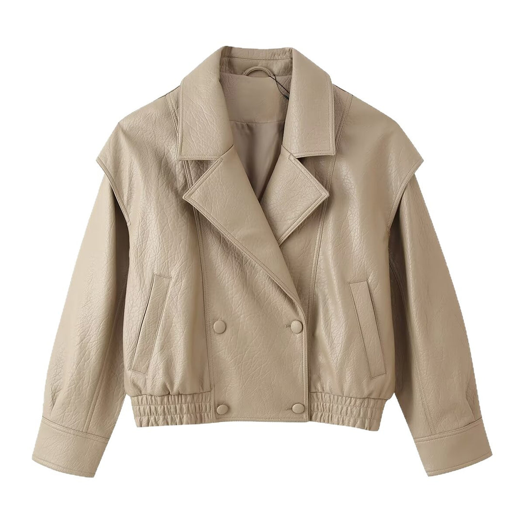 Damen Cropped Lederoptik‑Blouson mit Doppelreihe, elastischem Saum und Oversize‑Revers Drune