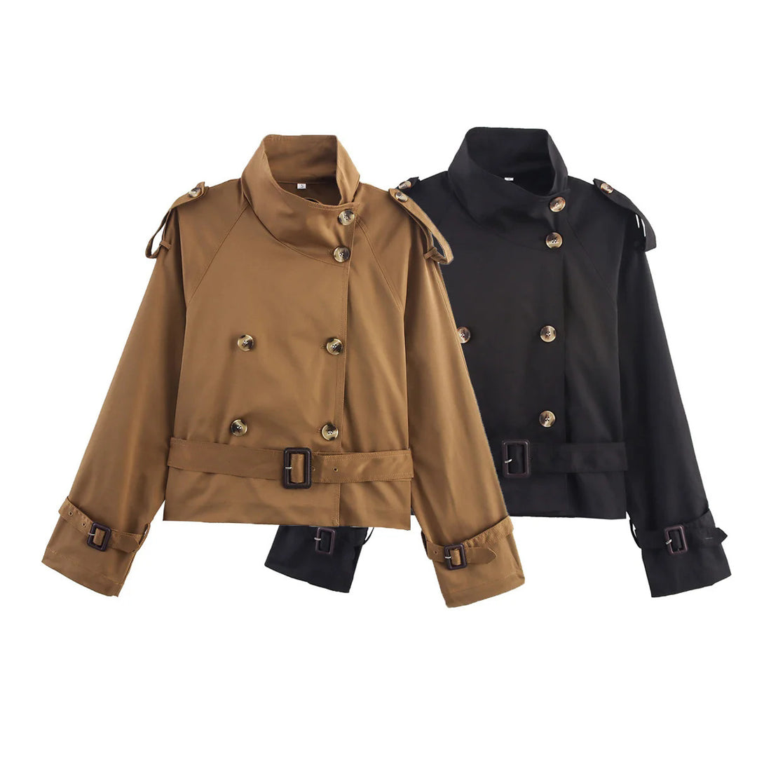 Damen nan kurz geschnittener Trenchcoat im Cropped-Stil mit doppelreiher, Schulterklappen und Taillengürtel Drune