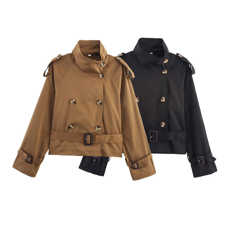 Damen nan kurz geschnittener Trenchcoat im Cropped-Stil mit doppelreiher, Schulterklappen und Taillengürtel Drune