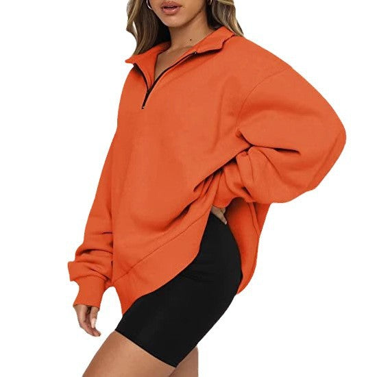 Damen modischer Oversized Pullover mit kurzem Reißverschluss und lässigen Ärmeln Drune