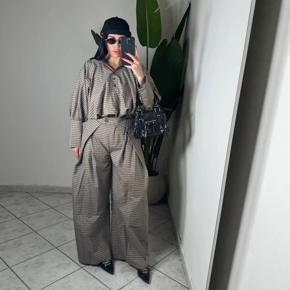 Damen Zweiteiliges kariertes Set mit Cropped Oversize-Hemd und weiter Bundfaltenhose Drune