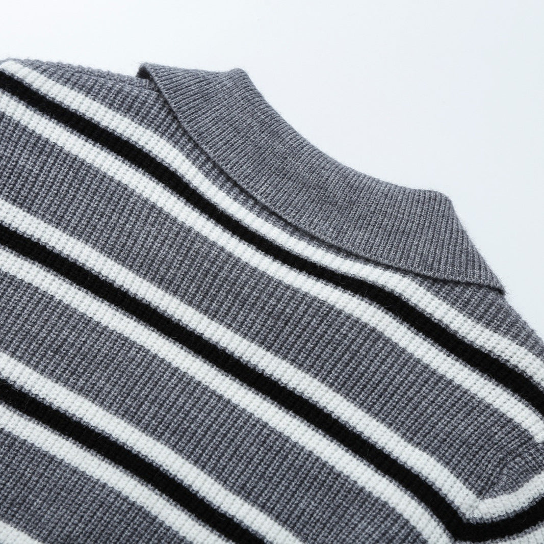 Damen Gestreifter Strickpullover mit Polokragen und Halbreißverschluss Drune