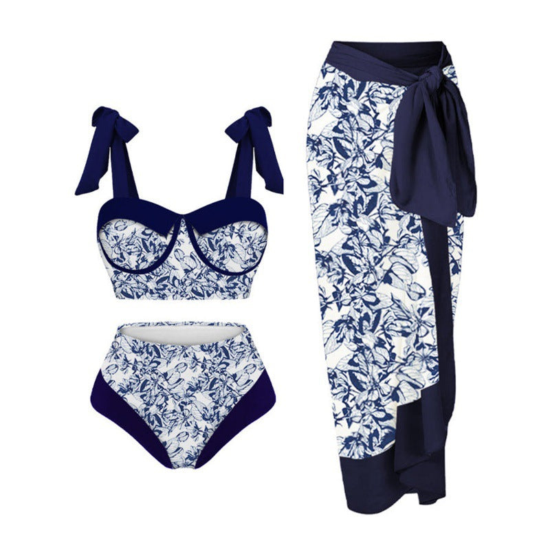 Damen Einteiler Badeanzug mit elegantem Wickelrock und modischen Riemen Drune