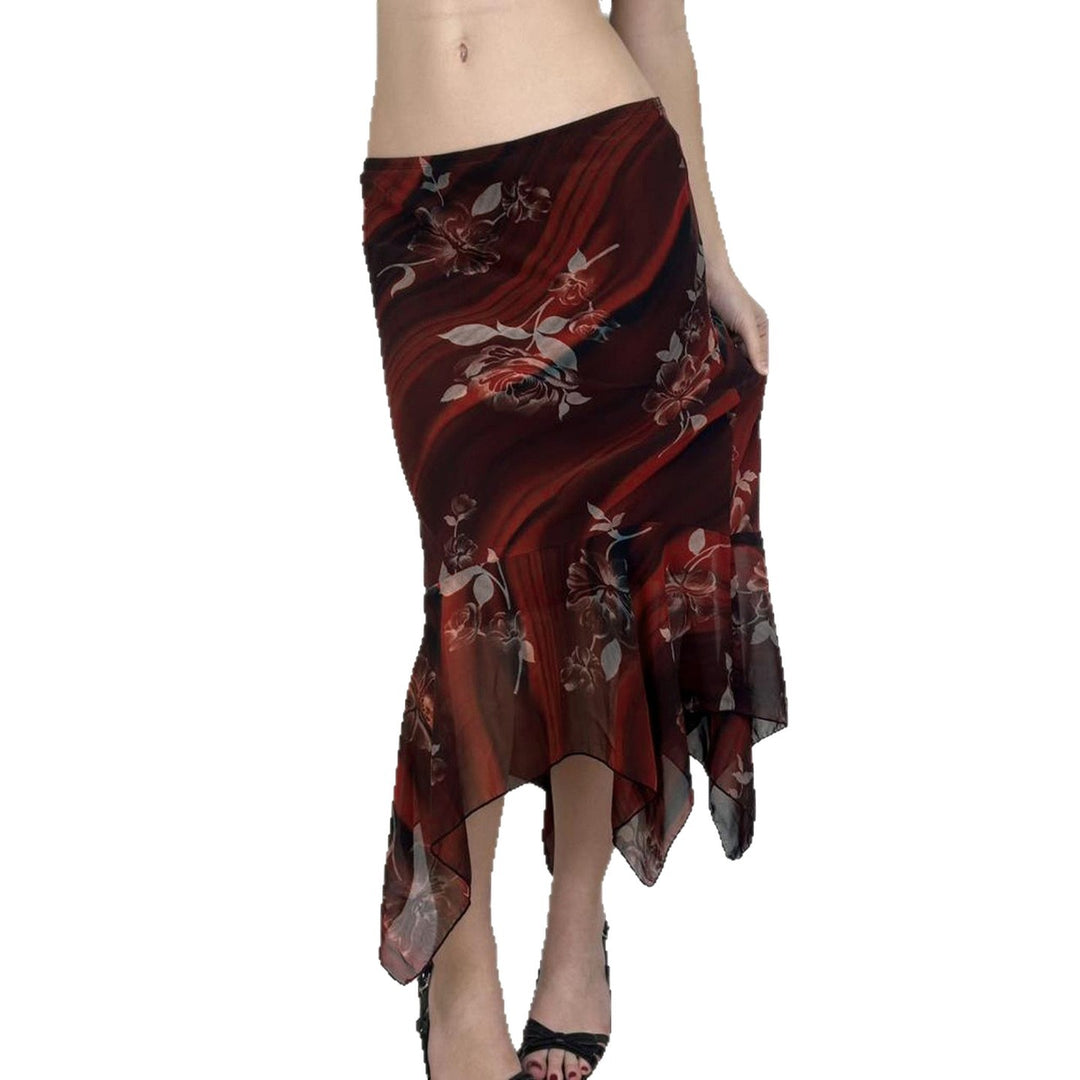 Damen Asymmetrischer Mesh-Midirock mit Volantstufen und floralem Muster Drune