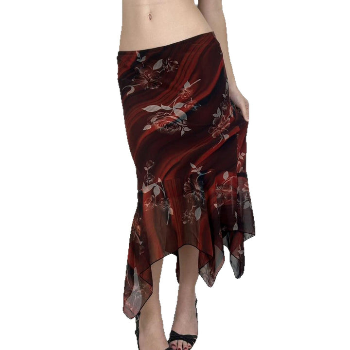 Damen Asymmetrischer Mesh-Midirock mit Volantstufen und floralem Muster Drune