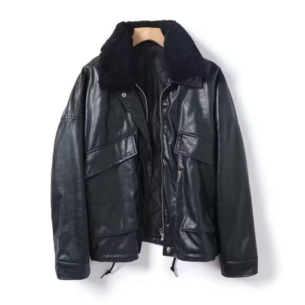 Damen Oversize Kunstlederfliegerjacke mit Teddykragen und Pattentaschen Drune