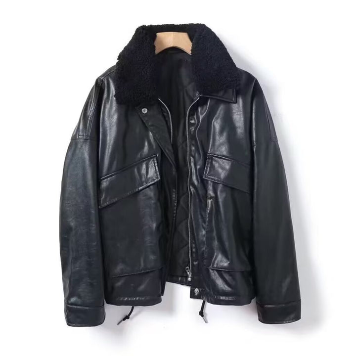 Damen Oversize Kunstlederfliegerjacke mit Teddykragen und Pattentaschen Drune