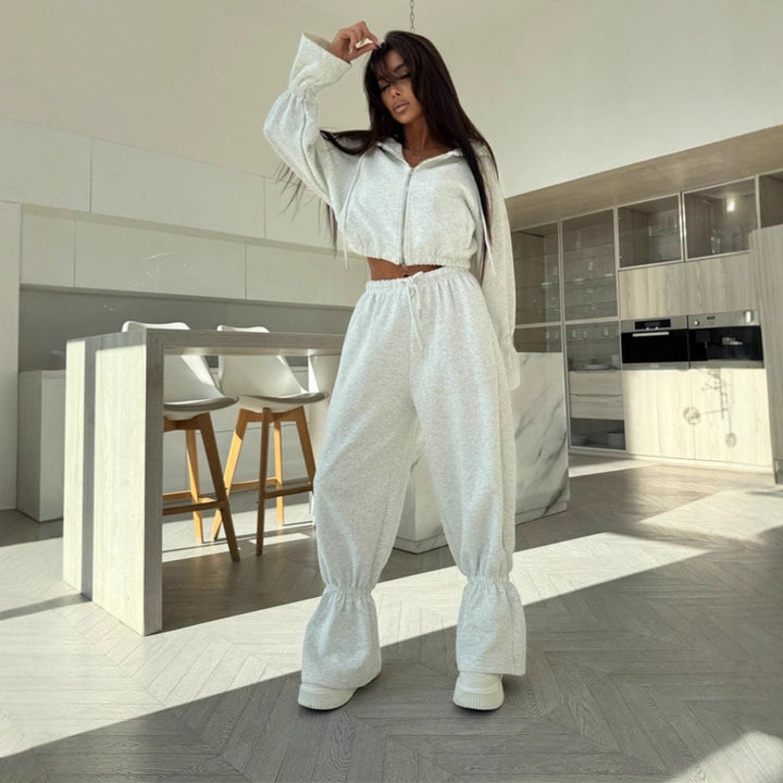 Damen Cropped-Kapuzenjacke mit Reißverschluss und taillierter Tunnelzug-Jogginghose Drune