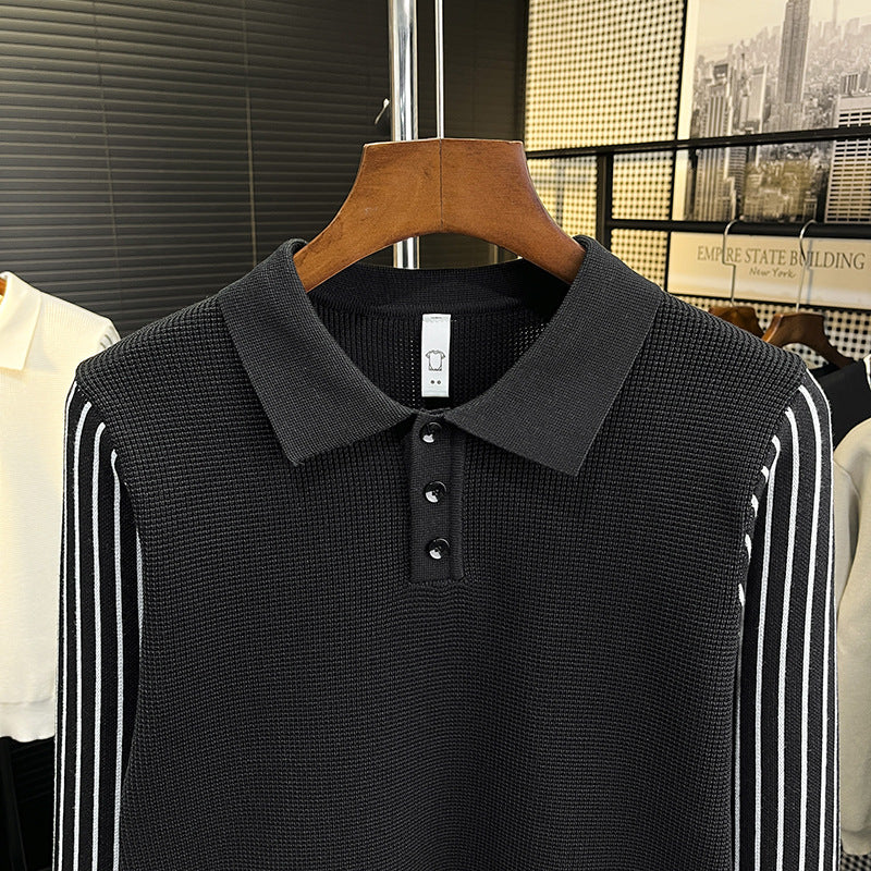 Herren Strick-Poloshirt mit kontrastgestreiften Ärmeln und feiner Struktur Drune