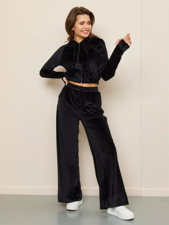 Damen luxuriöses Velours-Lounge-Set mit kurzem Reißverschluss-Hoodie und weitem Comfort-Hose Drune