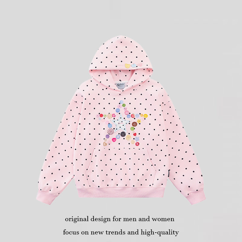 Damen Kapuzenpullover mit Knopf‑Sternapplikation, Polka‑Dot‑Allover und Kängurutasche Drune