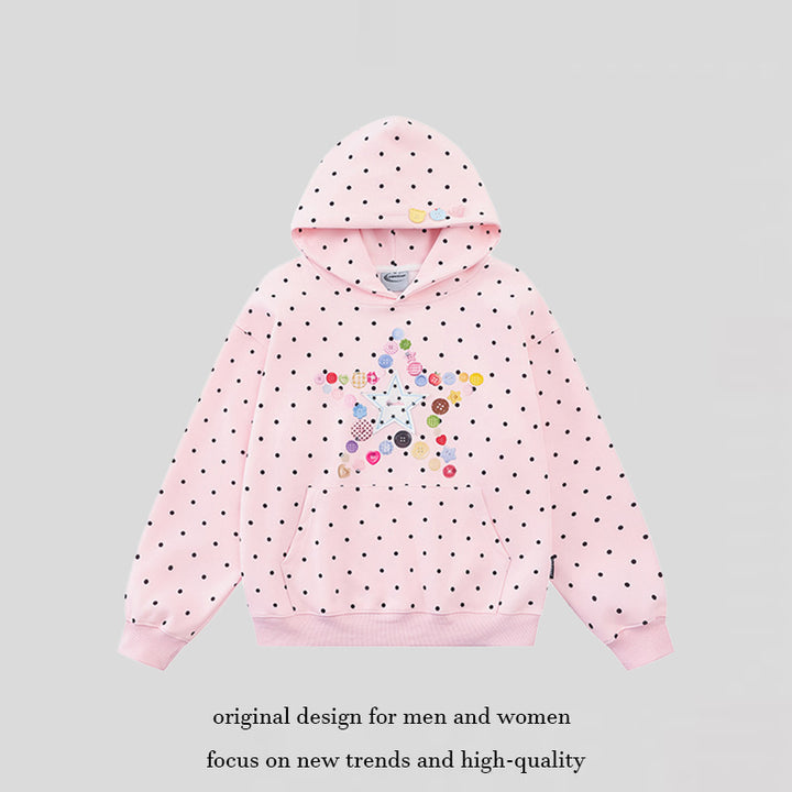 Damen Kapuzenpullover mit Knopf‑Sternapplikation, Polka‑Dot‑Allover und Kängurutasche Drune
