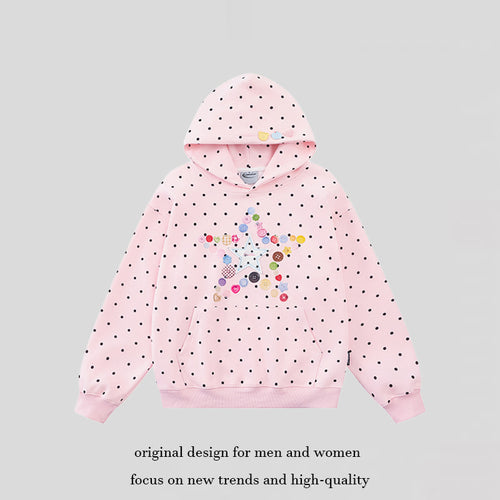 Damen Kapuzenpullover mit Knopf‑Sternapplikation, Polka‑Dot‑Allover und Kängurutasche Drune