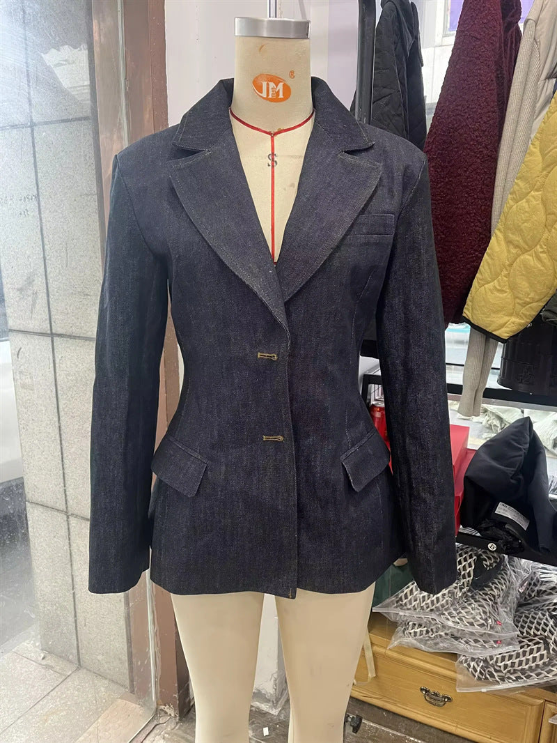 Damen nan taillierter Denim-Blazer mit schmaler Silhouette, Wiener Nähten und Pattentaschen Drune
