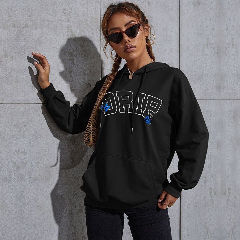 Damen Oversize-Kapuzenpullover mit Kängurutasche und Schmetterling-Stickerei Drune