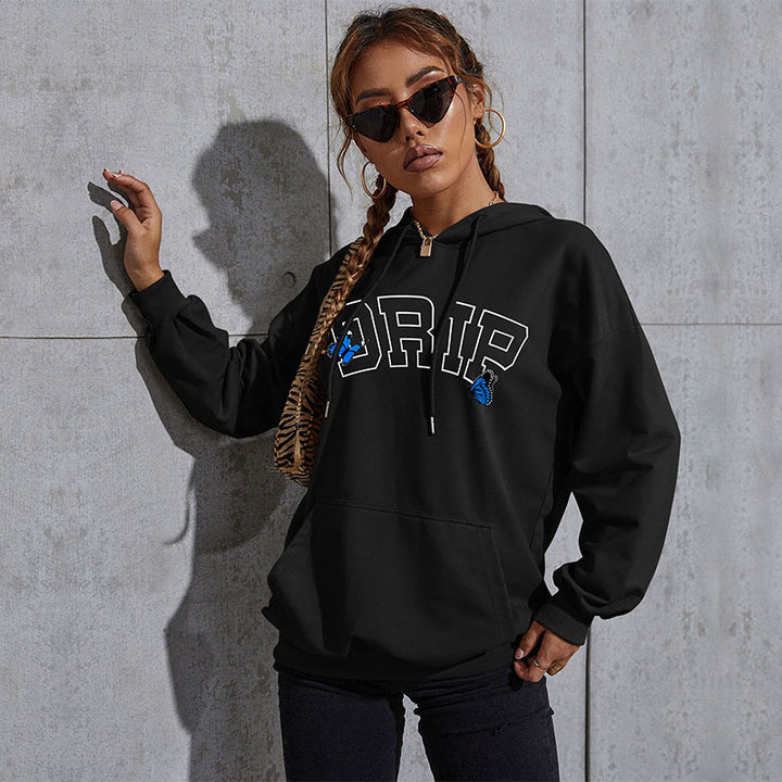 Damen Oversize-Kapuzenpullover mit Kängurutasche und Schmetterling-Stickerei Drune