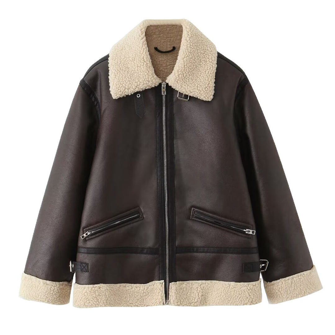 Damen Oversize-Fliegerjacke aus Kunstleder mit Teddykragen und Zipper-Taschen Drune