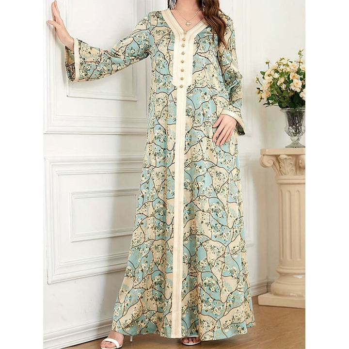 Damen Maxikleid mit kunstvollem Blumenmuster und Knopfdetails Drune