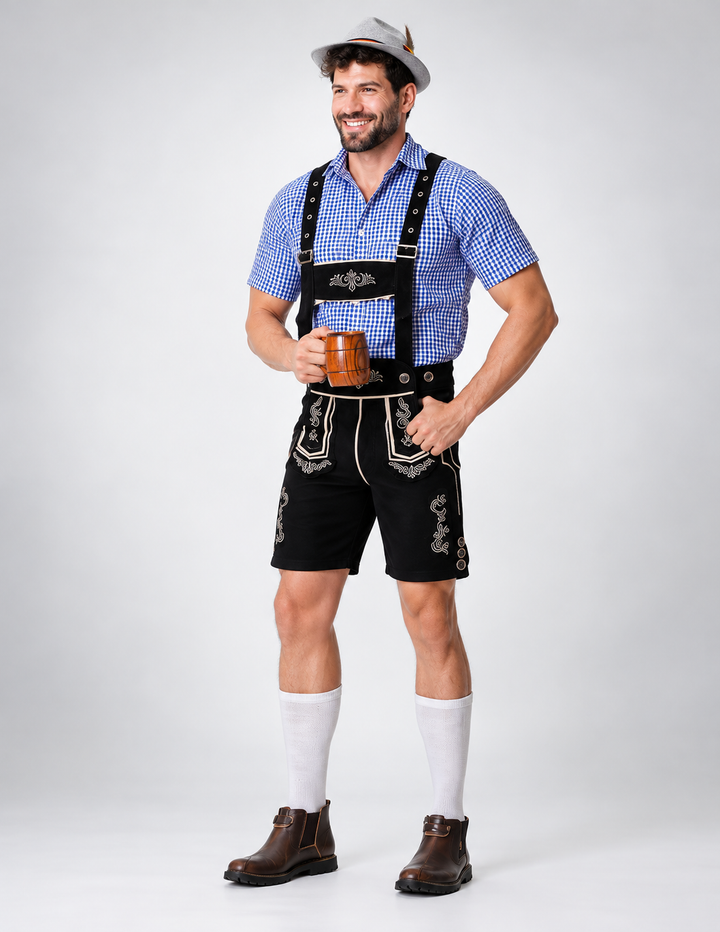 Herren nan bayerisches Trachten-Set Kniebundhose mit besticktem Vorderspiegel und verstellbaren Hosenträgern Drune