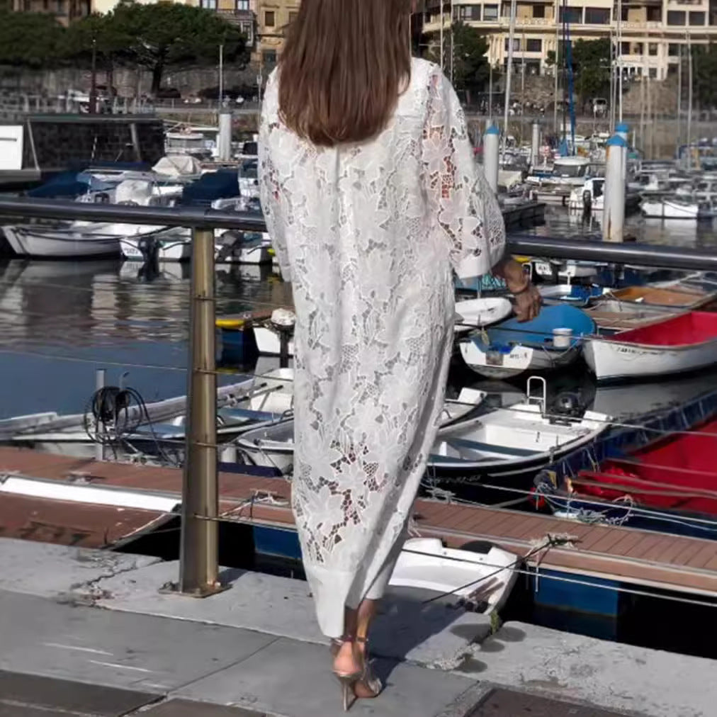 Damen nan luftiges Spitzen-Maxikleid mit floraler Ajourstickerei, lockerem Kimonoärmelschnitt und leichtem Unterkleid Drune