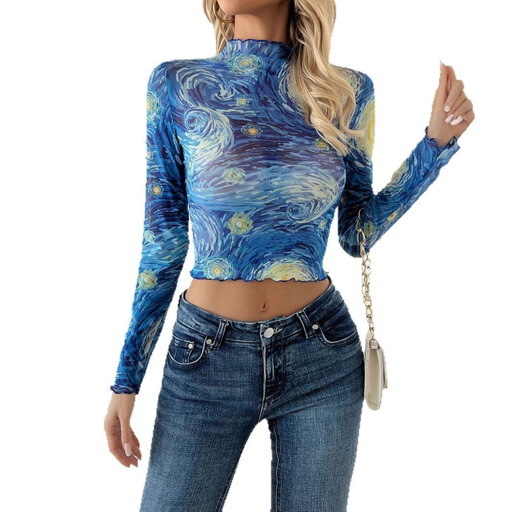 Damen nan eng anliegendes bauchfreies Netzshirt mit Stehkragen und welligem Saum Drune
