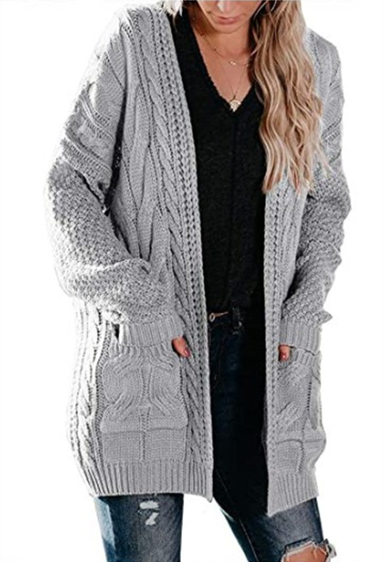 Damen Grobstrick Cardigan mit offenen Taschen und voluminösen Ärmeln Drune