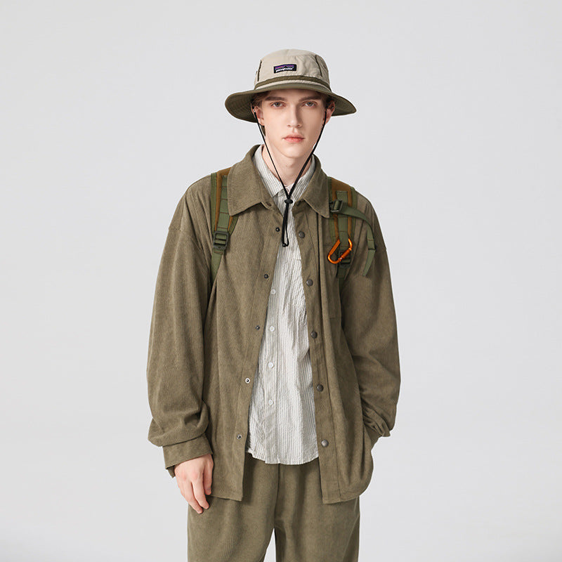 Herren Oversize-Cordhemdjacke mit Druckknöpfen und Brusttasche Drune