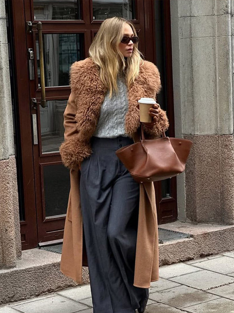 Damen Maxilanger Wollmixmantel mit abnehmbarem lockigem Faux‑Fur‑Schalkragen und Fellmanschetten Drune