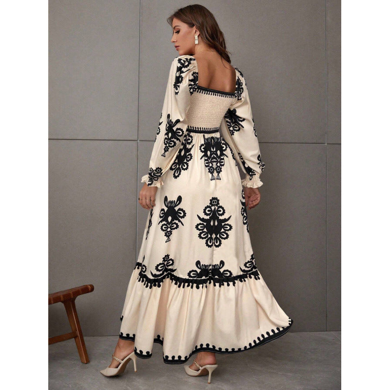 Damen Maxikleid mit Puffärmeln und elegantem Stickmuster Drune