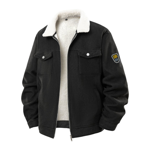 Herren  Corduroy Sherpa-Mantel mit durchgehendem Reißverschluss, Klappbrusttaschen und Badge-Ärmeln Drune